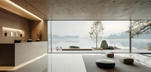 A modern hotel lobby featuring panoramic views of a calm lake and a simple reception desk