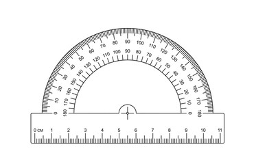 180 degree protractor, ruler or set square. protractor icon. Grids for a ruler in millimeter, centimeter. 0, 45, 90 or 180 degrees. Rulers mm, cm scale. Scale bars for rulers. School tools sign.