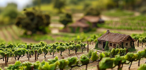 A picturesque miniature vineyard with rows of tiny grapevines and a rustic farmhouse