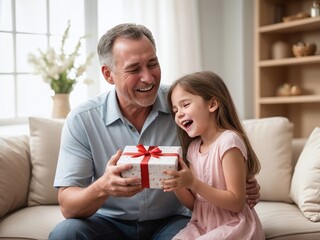 Father's Day Delight: Man Presents Red Gift to Girl on Couch