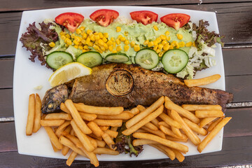 Plate of grilled trout with fries and salad in a restaurant in Kamienczyk village, Poland - 765762333