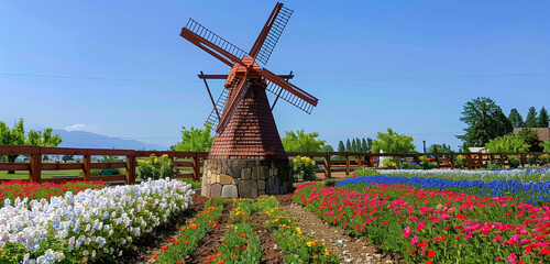 A pretty little windmill with a clear blue sky overhead, encircled by colorful flower fields - obrazy, fototapety, plakaty