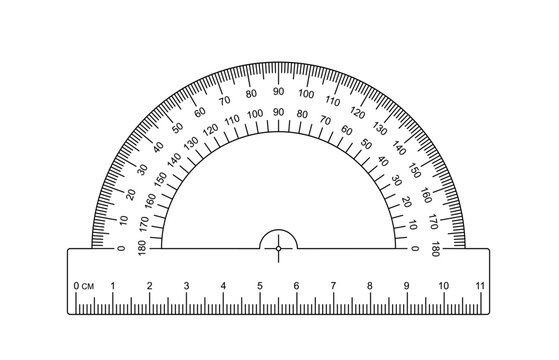 180 degree protractor, ruler or set square. protractor icon. Grids for a ruler in millimeter, centimeter. 0, 45, 90 or 180 degrees. Rulers mm, cm scale. Scale bars for rulers. School tools sign.