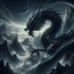 A huge Asian dragon emerged from the depths of a mysterious mist-shrouded mountain.
