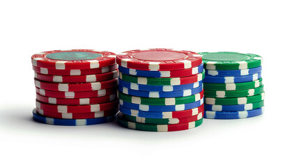 Straight stack casino chips on white background, AI Generative.
