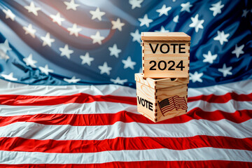 Wooden boxes with text VOTE and 2024 on American flag background. United States presidential election in the year 2024.
