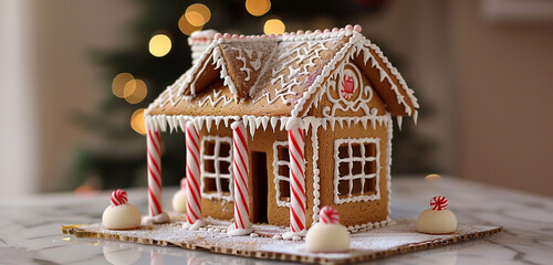 A whimsical miniature gingerbread house, with icing trim and candy cane pillars