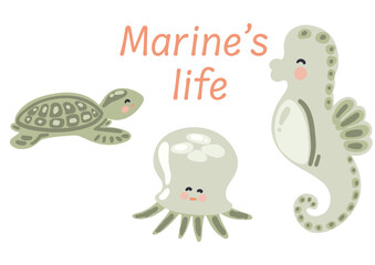 Flat design set with turtle octopus and seahorse