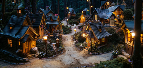 An enchanting miniature village with tiny houses and winding streets, illuminated by the soft glow of street lamps