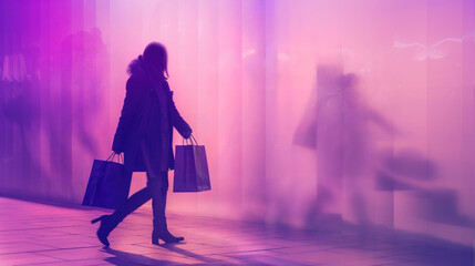 A silhouette of a woman in a coat carrying shopping bags walks through a city over a pink and purple hue - 765762986