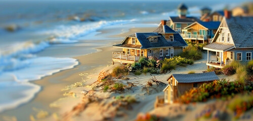 An idyllic miniature coastal village, with quaint cottages overlooking a sandy beach and rolling waves - obrazy, fototapety, plakaty