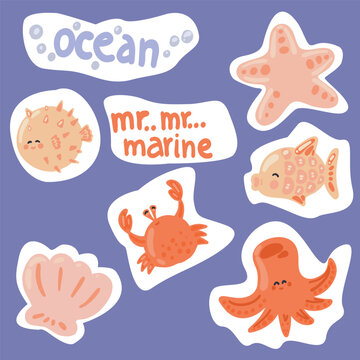 Set of flat design ocean marines animals stickers
