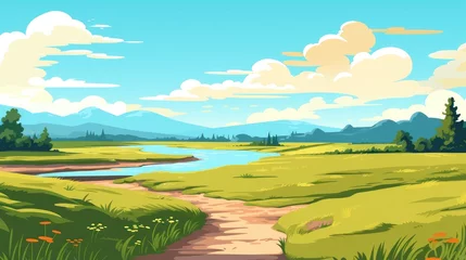 Poster mountain Landscape with Blue Sky. landscape with mountains with blue sky clouds wallpaper. Cartoon illustration of a road in a field with mountain and clouds. A mountain with road and blue sky.  © jokerhitam289
