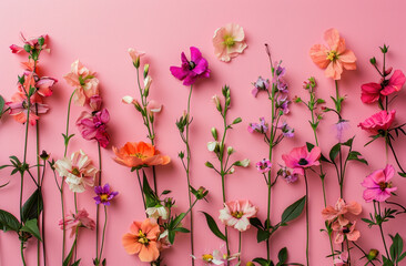 Row of Various Colorful Flowers on Pink Background with Copy Space for Text