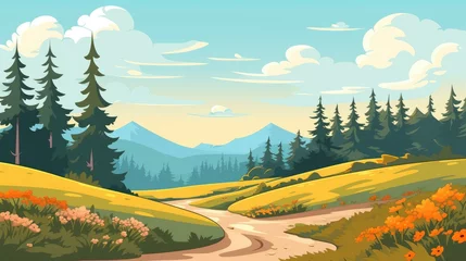 Poster mountain Landscape with Blue Sky. landscape with mountains with blue sky clouds wallpaper. Cartoon illustration of a road in a field with mountain and clouds. A mountain with road and blue sky.  © jokerhitam289