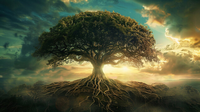 An artistic portrayal of the tree of knowledge, with its branches reaching towards the heavens and roots delving deep into the earth, representing the interconnectedness of all lif