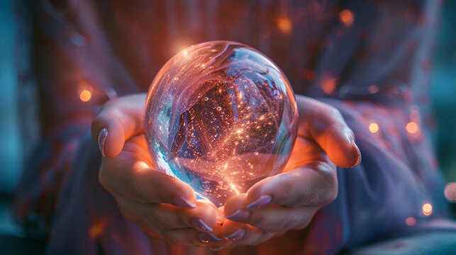 A close-up shot of a person's hands holding a crystal ball, tapping into its energy and seeking insights into the mysteries of life