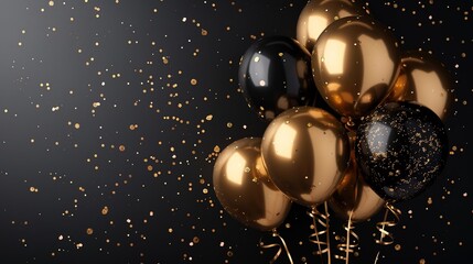Golden balloons with confetti and ribbons on black background.	
