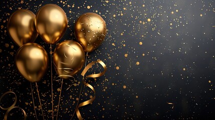 Golden balloons with confetti and ribbons on black background.	
