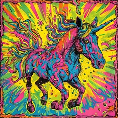 a drawing of a unicorn on a colorful background