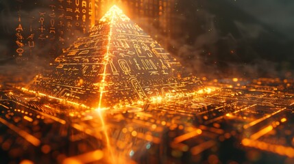 A pyramid adorned with glowing hieroglyphs stands atop a futuristic circuit board, blending ancient mysticism with modern technology. - obrazy, fototapety, plakaty