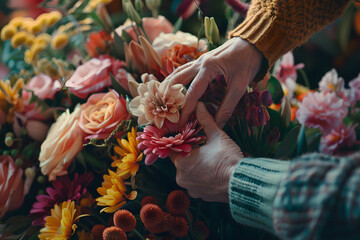 a person's hands arranging flowers into a bouquet