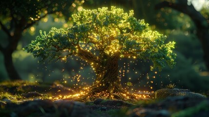 A mystical oak tree radiates with golden, magical lights, casting a warm glow in an enchanting forest clearing.