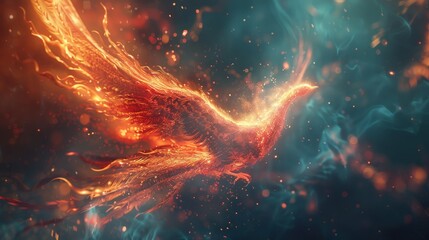 Captivating digital art of a phoenix ascending with wings ablaze, its fiery splendor embodying renewal and power. - obrazy, fototapety, plakaty