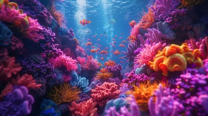 An enchanting underwater landscape teeming with life, showcasing a school of clownfish among a diverse array of vibrant coral species in sunlit waters.