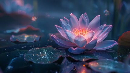 A mystical water lily emits a warm, magical glow upon tranquil waters during the serene twilight hours.