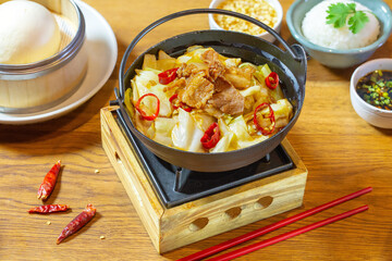 Pork with cabbage and hot pepper. Chinese food.