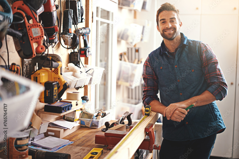 Poster carpenter, wood and portrait of happy man in workshop for home development, diy tools and building r
