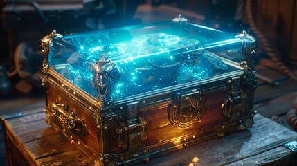 An intricately designed treasure chest opens to reveal a radiant blue glow, hinting at magical or otherworldly treasures within. - obrazy, fototapety, plakaty