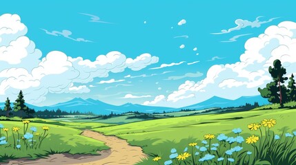 Cartoon illustration of a road in a field with mountain and clouds. A mountain with road and blue sky. mountain Landscape with Blue Sky. landscape with mountains with blue sky clouds wallpaper. 