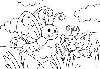 Coloring Pages Cute little butterfly with flowers, flora and plants. Printable Coloring Pages Outline black and white.