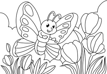 Coloring Pages Cute little butterfly with flowers, flora and plants. Printable Coloring Pages Outline black and white.