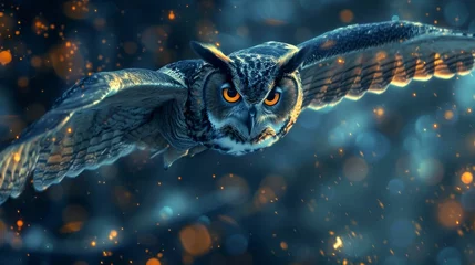 Gordijnen A captivating eagle owl glides gracefully against a backdrop of sparkling bokeh lights on a mystical night. © Sodapeaw