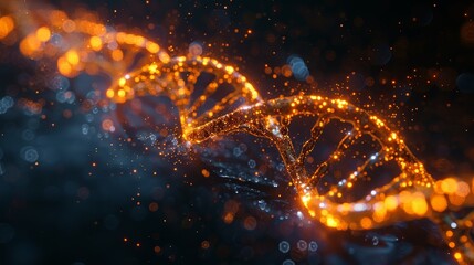 A shimmering DNA double helix structure radiates with golden sparks, symbolizing life and scientific discovery. - obrazy, fototapety, plakaty