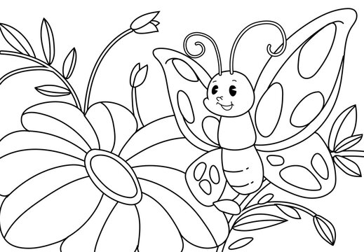 Coloring Pages Cute little butterfly with flowers, flora and plants. Printable Coloring Pages Outline black and white.