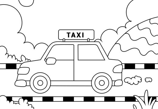 Coloring Pages of taxi in the road with clouds and plants. Coloring page or book