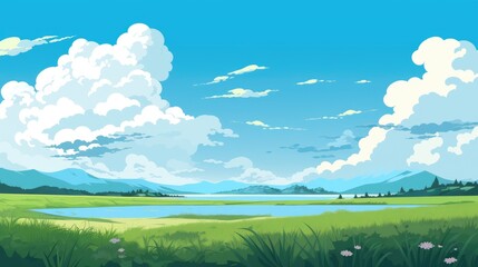 Obraz premium landscape with mountains with blue sky clouds wallpaper. Cartoon illustration of a road in a field with mountain and clouds. A mountain with road and blue sky. mountain Landscape with Blue Sky.