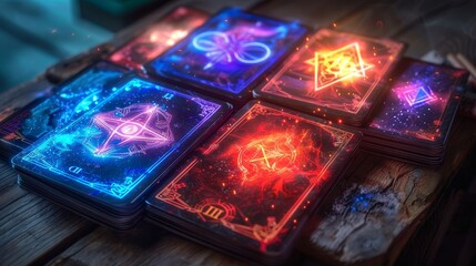 A mystical array of tarot cards spread out on a wooden table, each card glowing with neon lights and intricate symbols. - obrazy, fototapety, plakaty