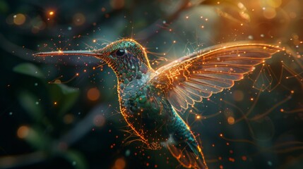 A dazzling digital creation of a hummingbird enveloped in golden light particles, poised in mid-air among leaves. - obrazy, fototapety, plakaty