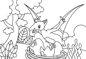 Coloring Pages Cute Pterodactyl Dinosaur of meadows, trees, mountains and clouds. Printable Coloring book Outline black and white.