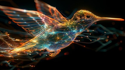 A dynamic abstract of a hummingbird in flight, rendered in a neon wireframe with vibrant light trails.