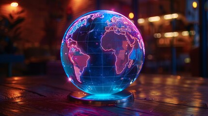 A striking neon-lit world map globe displays vibrant global connectivity on a rustic wooden table, blending tradition with modern tech.