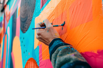 a artist's hands painting vibrant murals on an urban wall