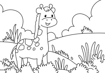 Coloring Pages of Cute Giraffe with a backdrop of grasslands, mountains and trees.
