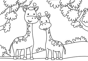 Coloring Pages of Cute Giraffe with a backdrop of grasslands, mountains and trees.