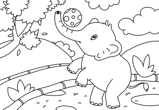 Coloring Pages Cute Elephant playing ball, with a backdrop of grasslands, mountains and trees.
